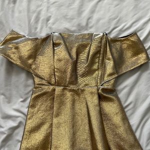 Sandro Metallic Gold Off Shoulder Mini Dress